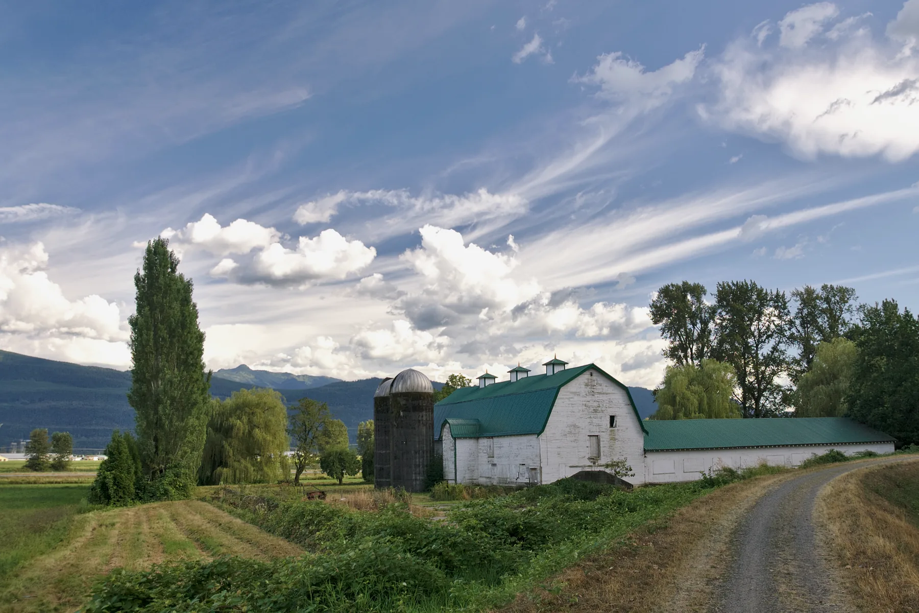 A farmhouse and barn on agricultural land in Abbotsford, British Columbia